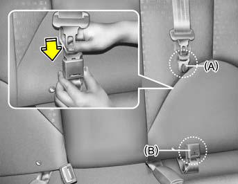 1. Before fastening the rear seat center belt, confirm the metal tab (A) and