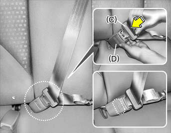 2. After confirming that (A) and (B) are latched, pull the seat belt out of the