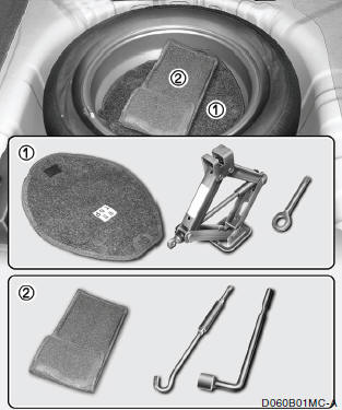 Remove the spare tire and remove the jack and tool bag from the trunk.