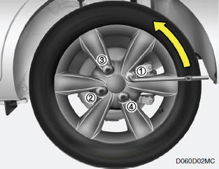 The wheel nuts should be loosened slightly before raising the car. To loosen