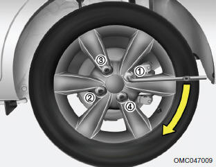 Lower the car to the ground by turning the wheel nut wrench counterclockwise.