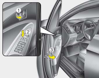  To lock a door without the key, push the inside door lock button (1) or central